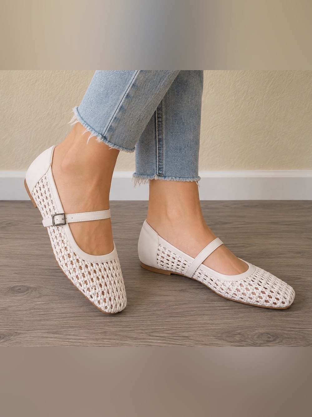YOZURU White Woven Mary Jane Ballet Flats Buckle Shoes Size 40 NWOT